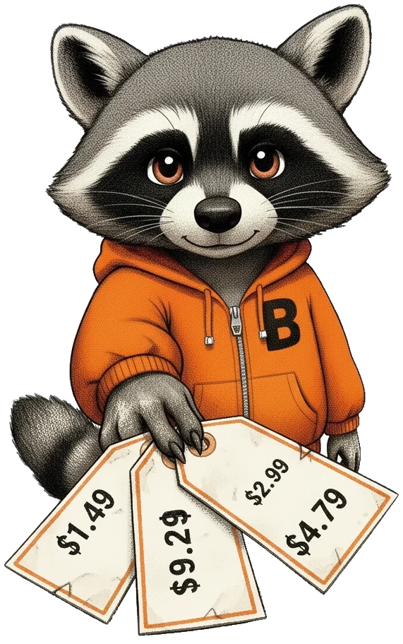 Bandit, the raccoon mascot, holding four price tags