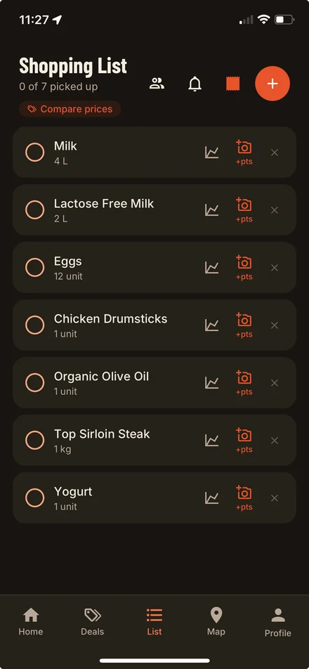 Your shopping list in the app, in dark mode