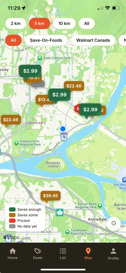 Map of nearby stores with price pins